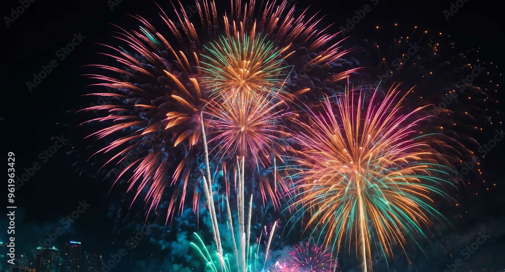 Aufkleber fireworks exploding with neon glow abstract background