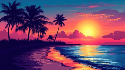 Obraz premium Beautiful sunset over a tropical beach, with palm trees silhouetted against the colorful sky and gentle ocean waves, perfect for travel themes