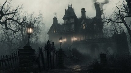 Obraz premium Gothic mansion shrouded in fog, surrounded by eerie trees, creating a hauntingly atmospheric scene.