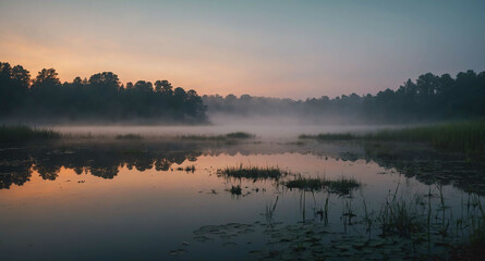 Fototapeta premium Fog rising from eerie pond at dusk background