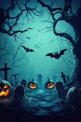 Spooky night with glowing pumpkins in graveyard