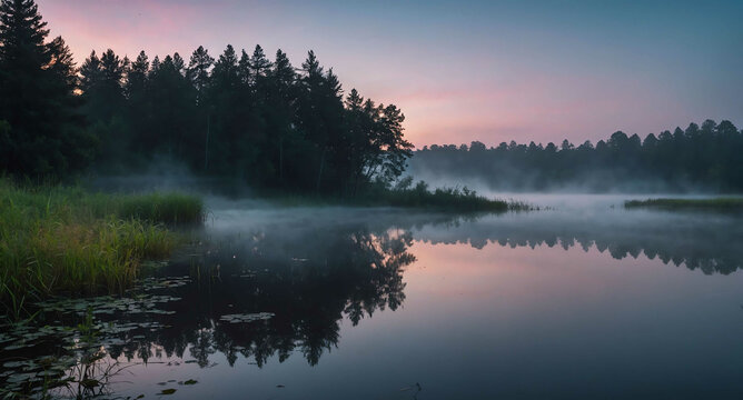 Fog rising from eerie pond at dusk background