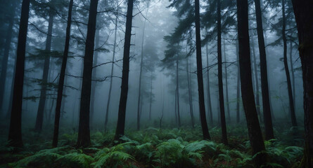 Foggy forest eerie silence abstract background