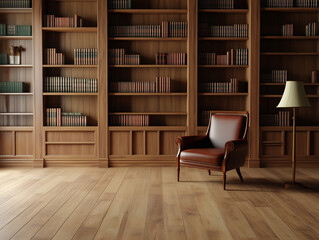 Vintage library reading room with antique bookshelves, warm lighting, and classic wooden furniture. Empty copy space for text or branding.