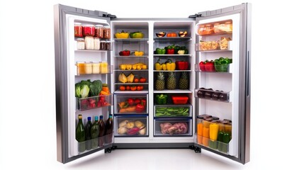 Full Refrigerator With Fresh Produce and Drinks.