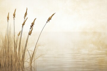 Dried Grass Stalks Reflected in Still Water on a Vintage Background