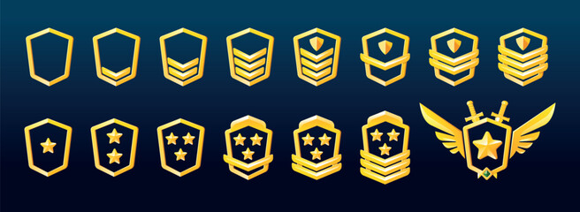 Military game rank badges with stars, chevrons, wings. Illustration of silver metal pentagonal medals with pentagonal insignia. Gui progress symbol. Achievement award.