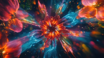 Fototapeta premium Kaleidoscopic backdrop with otherworldly flower blooms radiating red, blue, and green tendrils of light, creating an energetic and vibrant scene