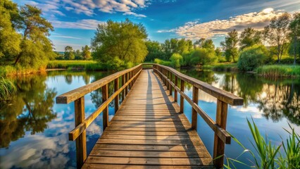 Fototapeta premium Wooden footbridge crossing a tranquil river, wood, bridge, water, nature, pathway, crossing, peaceful, outdoors, scenic