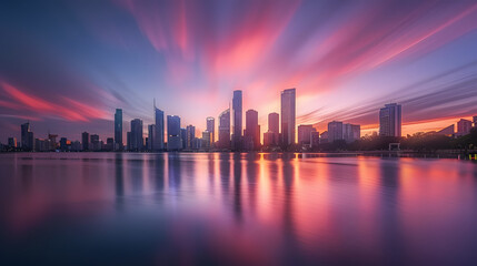 Obraz premium Stunning view of cityscape skyline with warm Pastel Sunset colors, longexposure, modern urban background