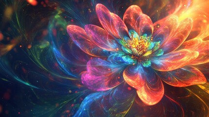Otherworldly vibrant flower blooms against a kaleidoscopic background, radiating red, blue, yellow, purple, and green luminescent tendrils of light