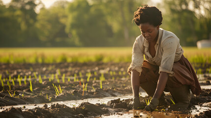  Black african woman kneeling in a muddy rice field, her hands submerged as she  plants seedlings. planting rice by slaves