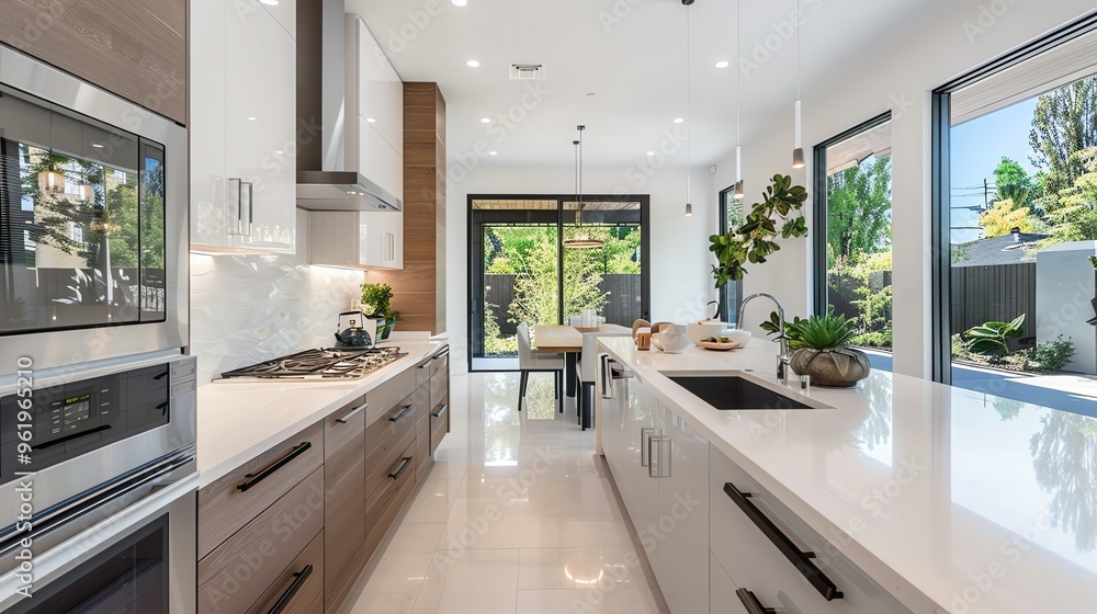 Poster A modern kitchen with white cabinets, a stainless steel oven, and a kitchen island.