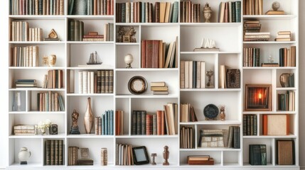Bookshelf with Old Books and Decorations.
