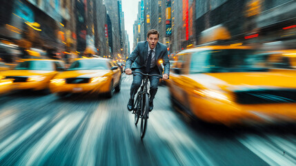 a businessman rides a bicycle in the middle of the 5t Ave in NYC, with motion blur effect