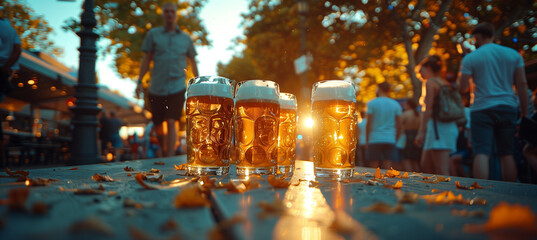 Obraz premium Beer cups during Octoberfest.