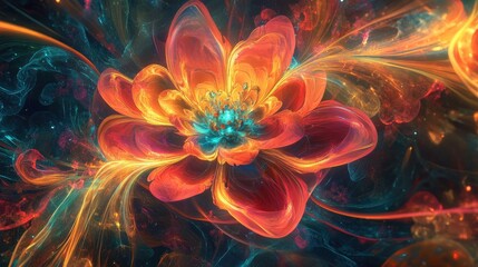 Obraz premium Surreal flower blooms emitting energetic tendrils of light in red, yellow, and blue against a vibrant kaleidoscopic background