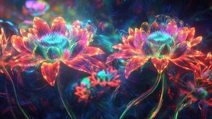 Fototapeta premium Vibrant alien flowers with luminescent red, blue, and green tendrils of light against a kaleidoscopic backdrop, creating otherworldly energy