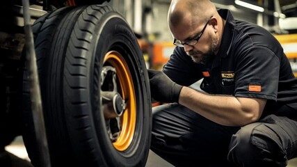 Mechanic wearing gloves carefully inspecting tire pressure on a sports car in a workshop, focusing on safety and maintenance