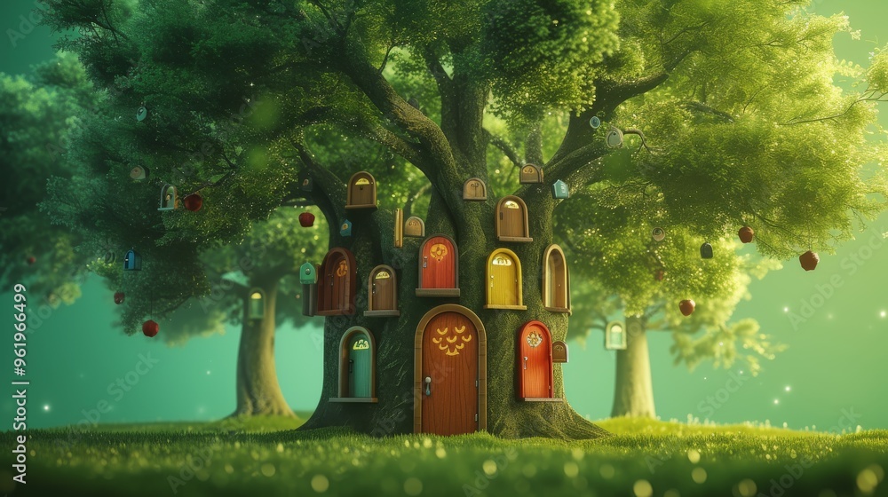 Poster a large tree in a lush, green forest features numerous colorful doors embedded in its trunk and bran