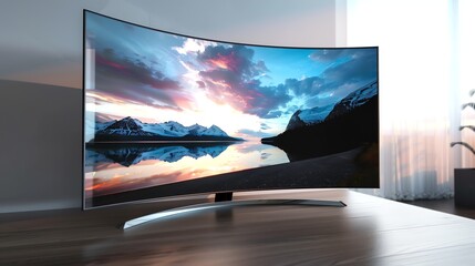 A curved television screen displaying a picturesque landscape.