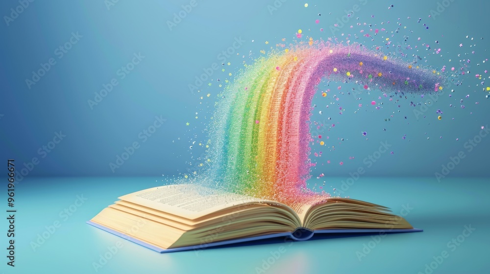 Poster a captivating image of an open book with a mesmerizing stream of rainbow-colored particles flowing u