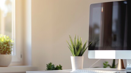 A desktop computer with a potted plant on a wooden desk in front of a window.