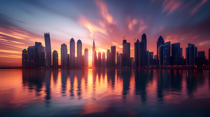 Stunning view of cityscape skyline with warm Pastel Sunset colors, longexposure, modern urban background