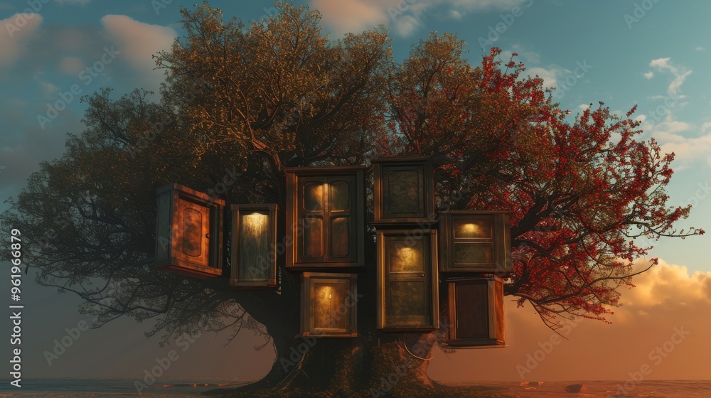 Poster a surrealistic image of a large tree with multiple doors attached to its branches, set against a dra