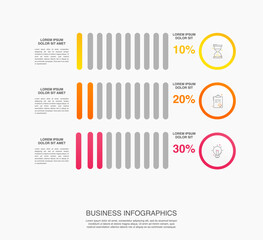 Vector infographic design template. Modern concept with three steps. Creative timeline with graph elements, percentage circles and icons. Performance analysis in percent