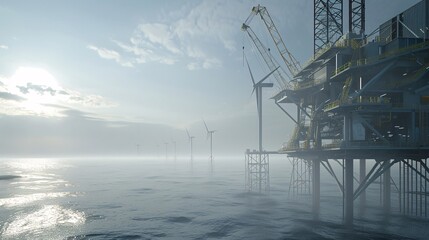 Offshore Wind Farm and Oil Rig Platform