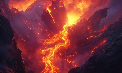 Molten Lava Flowing Through Volcanic Canyons