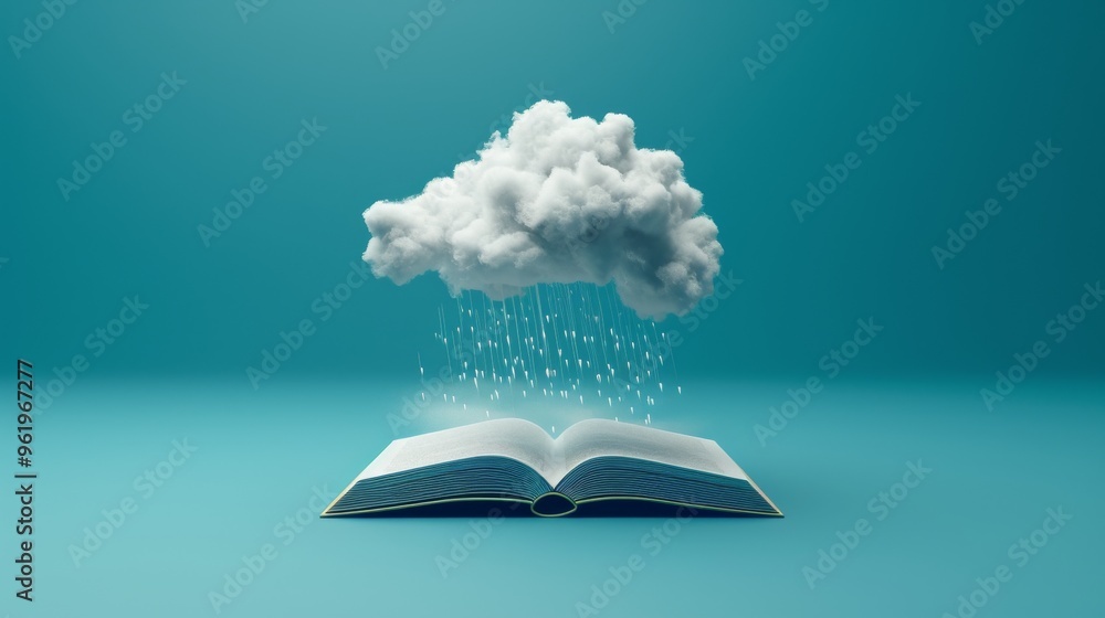 Poster an open book sits on a flat blue surface with a cloud hovering above, gently raining onto its pages.