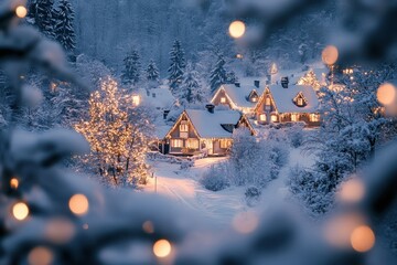 Snowy Winter Village Houses Decorated with Christmas Lights
