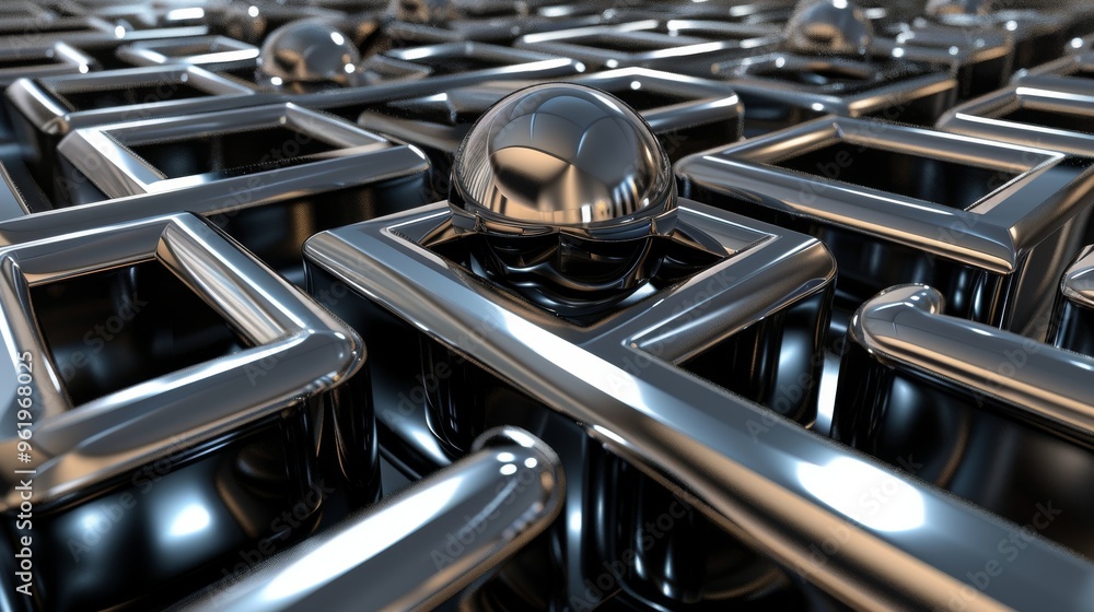 Poster a close-up view of a futuristic metallic maze featuring reflective silver spheres positioned at vari