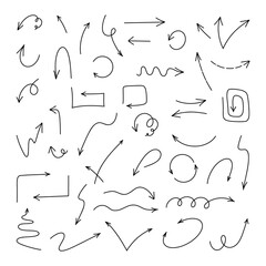 A set of arrows drawn with a comic book style marker, doodle isolated on a white background, hand-drawn. A decorative element for design, decoration, and notes. Collection of direction signs