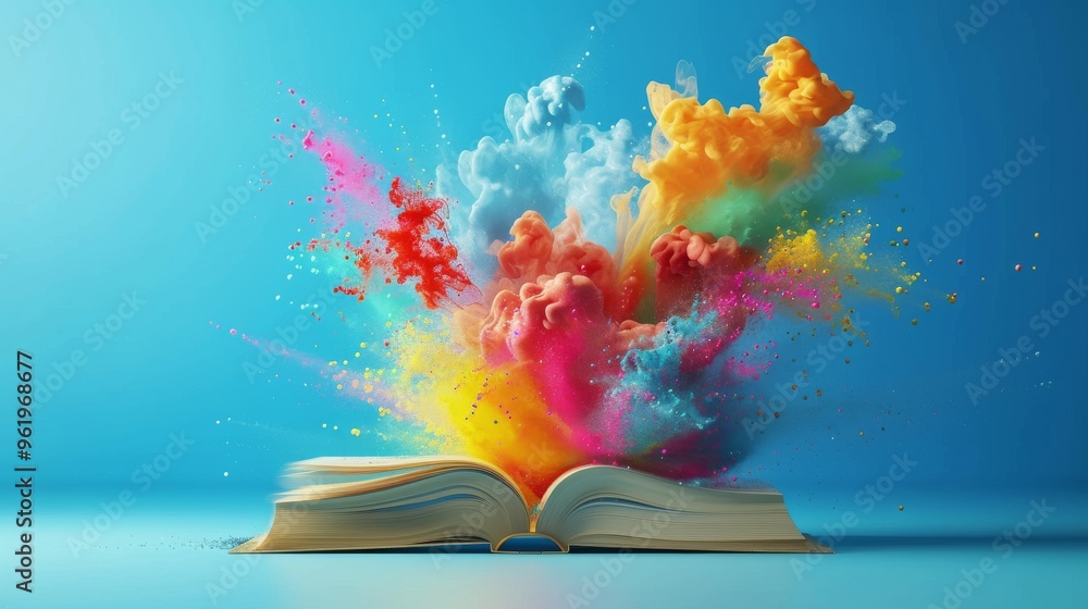 Poster a dynamic and vibrant explosion of multicolored powder bursts from an open book, symbolizing creativ