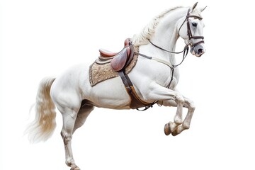 White horse with saddle isolated on white background rears up jockey on horseback
