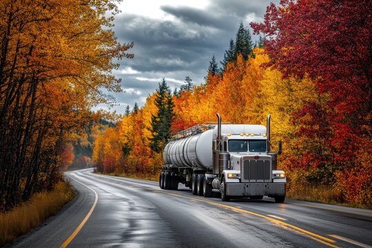 White semi truck hauling dangerous gas in an armored tank trailer amid autumn trees