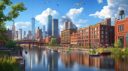 Obraz premium Urban Canal with City Skyline.