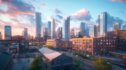 Obraz premium Modern Cityscape with Sunset and Railroad Tracks.