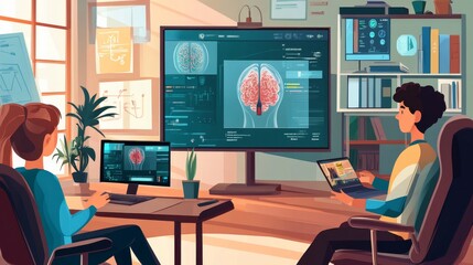 Two People Working on Computer Screens with Brain Images.