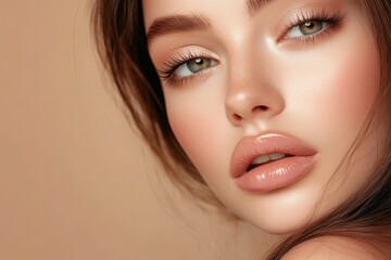 Fototapeta premium Woman applying pink lipstick with perfect face and puffy lips in a portrait on beige background for testing new lip gloss