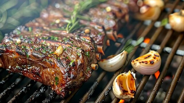 Deliciously grilled steak and garlic on an outdoor barbecue grill with fresh herbs
