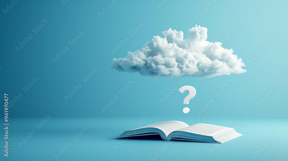 Poster a minimalist image featuring an open book with a floating cloud and a question mark above it, set ag