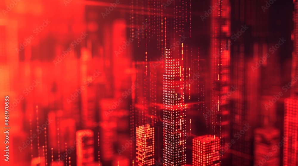 Poster a dynamic abstract image featuring a digital cityscape in vibrant red tones. the pixelated buildings