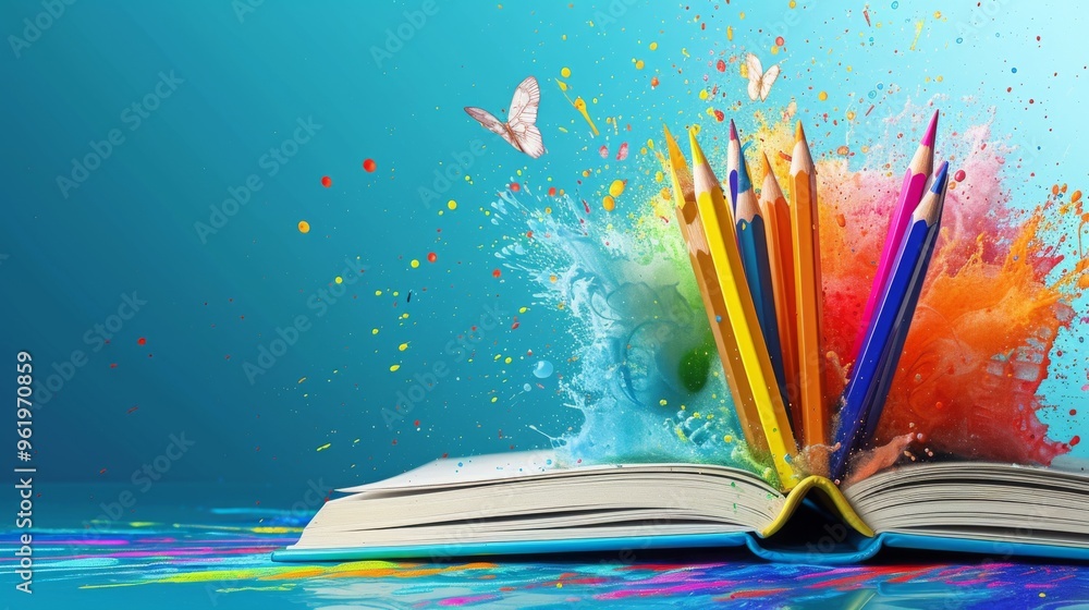 Poster dynamic scene featuring a burst of colorful pencils and splashes of vibrant paint erupting from an o