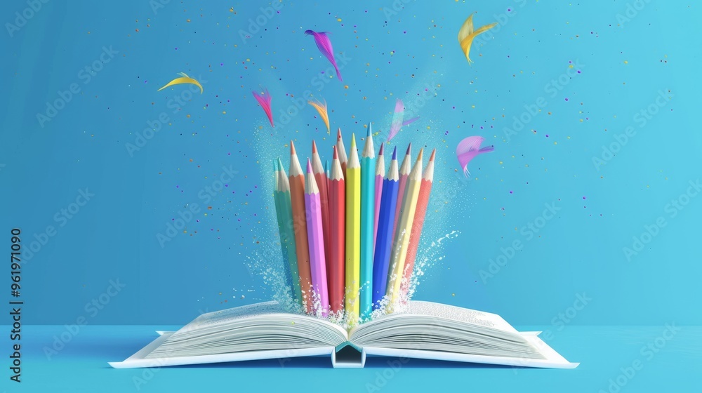 Poster a creative display of multicolored pencils erupting from an open book, surrounded by flying confetti
