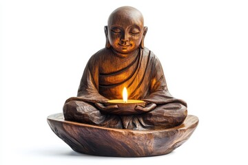 Wooden buddhist monk candle holder for home decoration isolated on white background