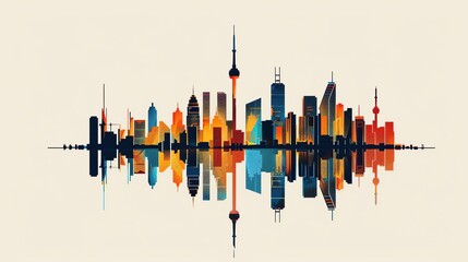 An illustration of a city skyline with tall buildings reflected in water.